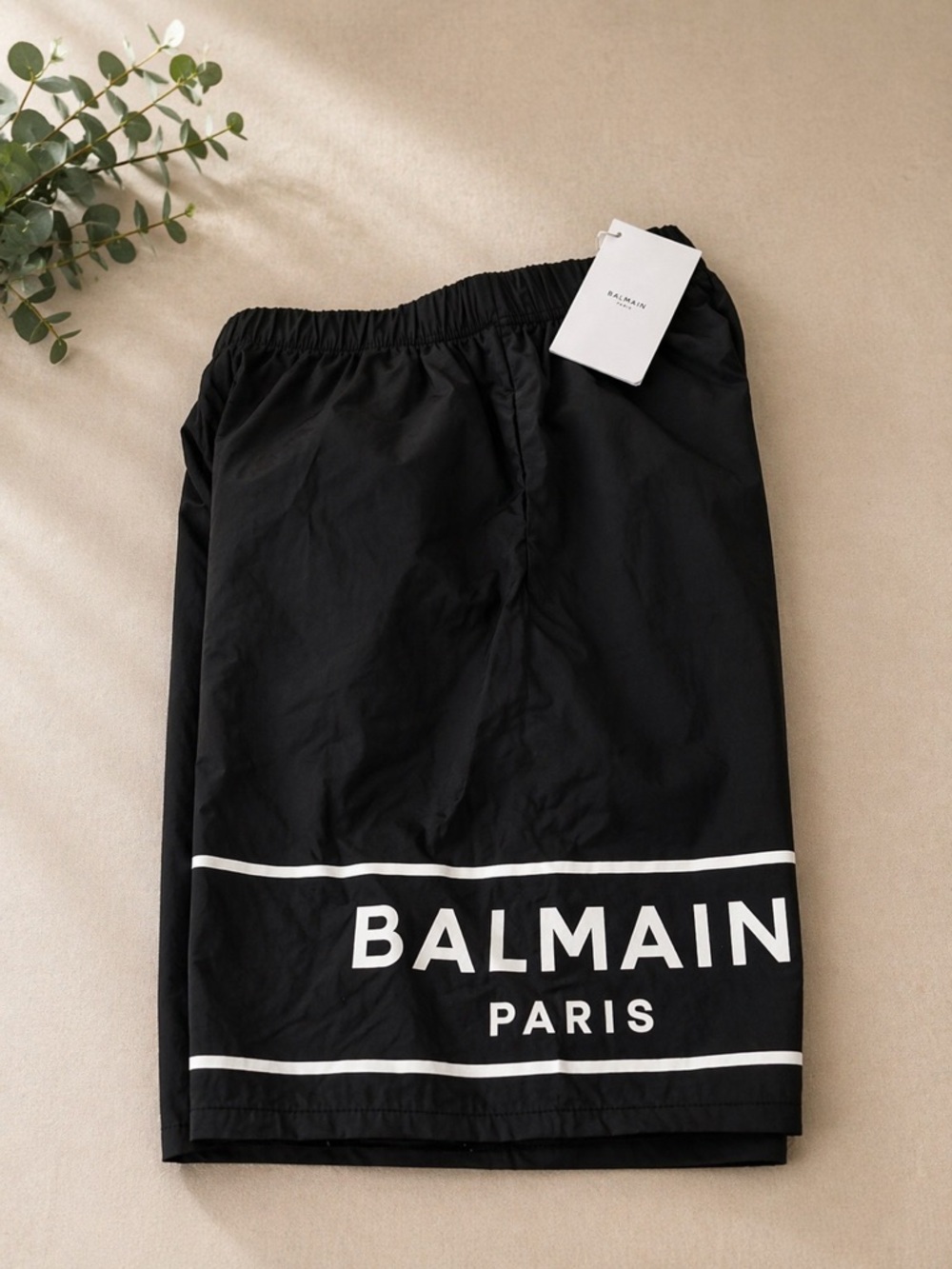 Balmain Black Swim Shorts with White Logo Band